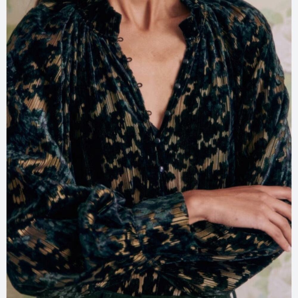 Sezane Loubna Blouse Jacquard Flowers Velvet Metallic 38/US 6 Green